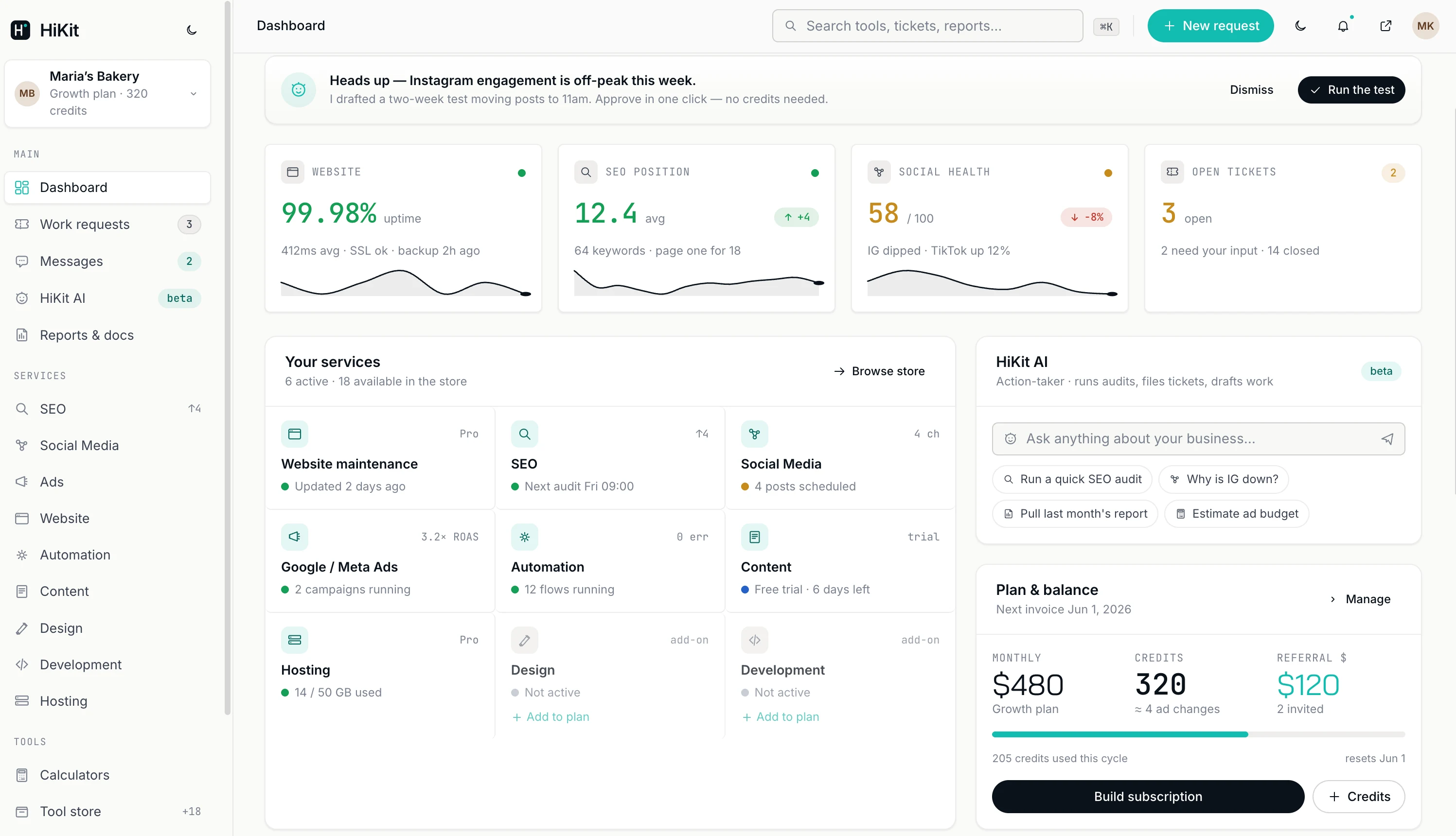 HiKit client dashboard with website, SEO, social and ticket cards