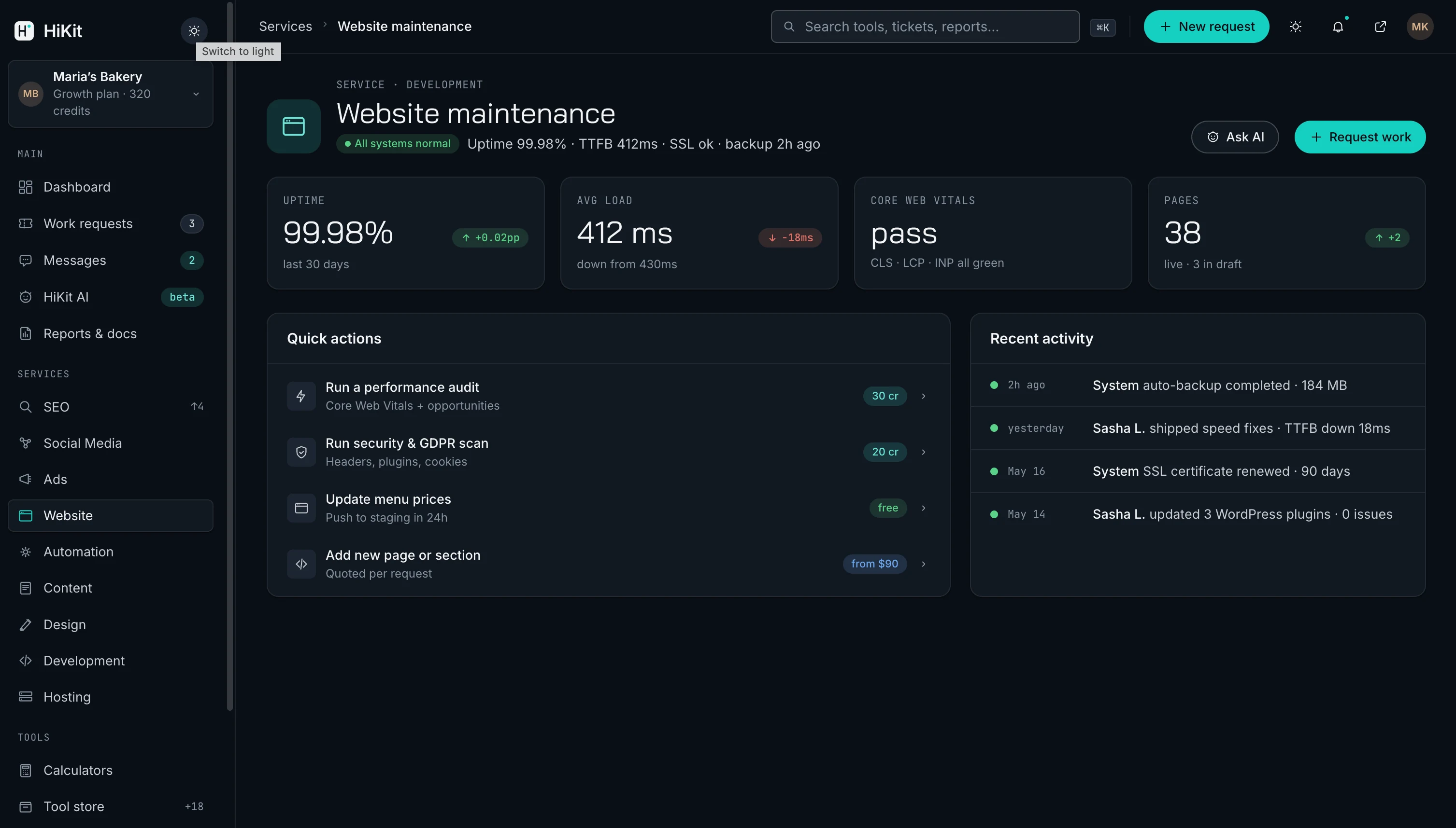 HiKit dashboard — Website