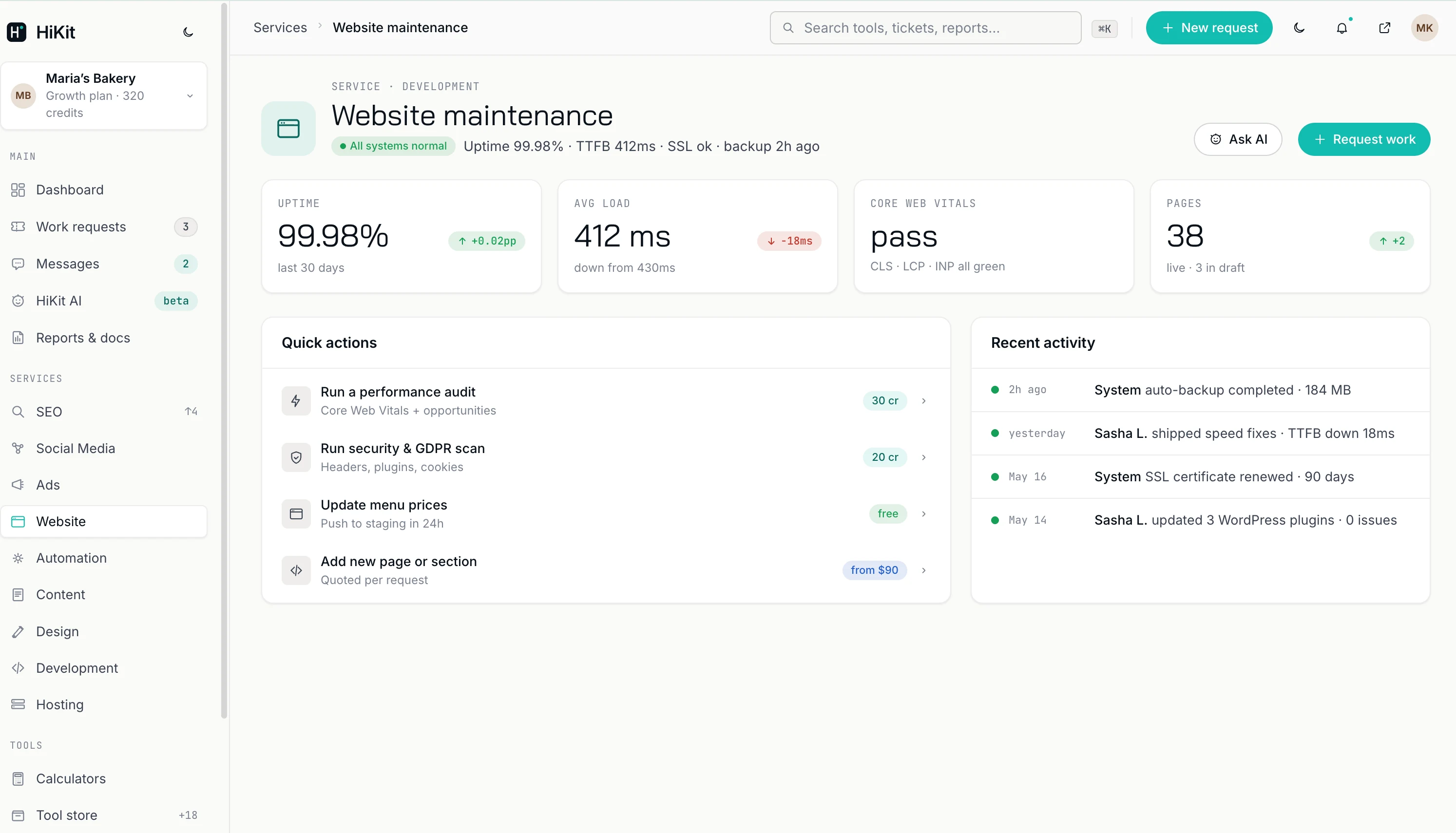 HiKit dashboard, Website