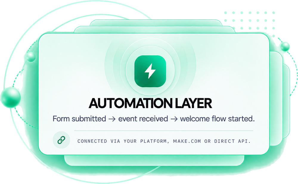 The automation layer: form submitted → event received → welcome flow started — connected via your platform, Make.com or a direct API.