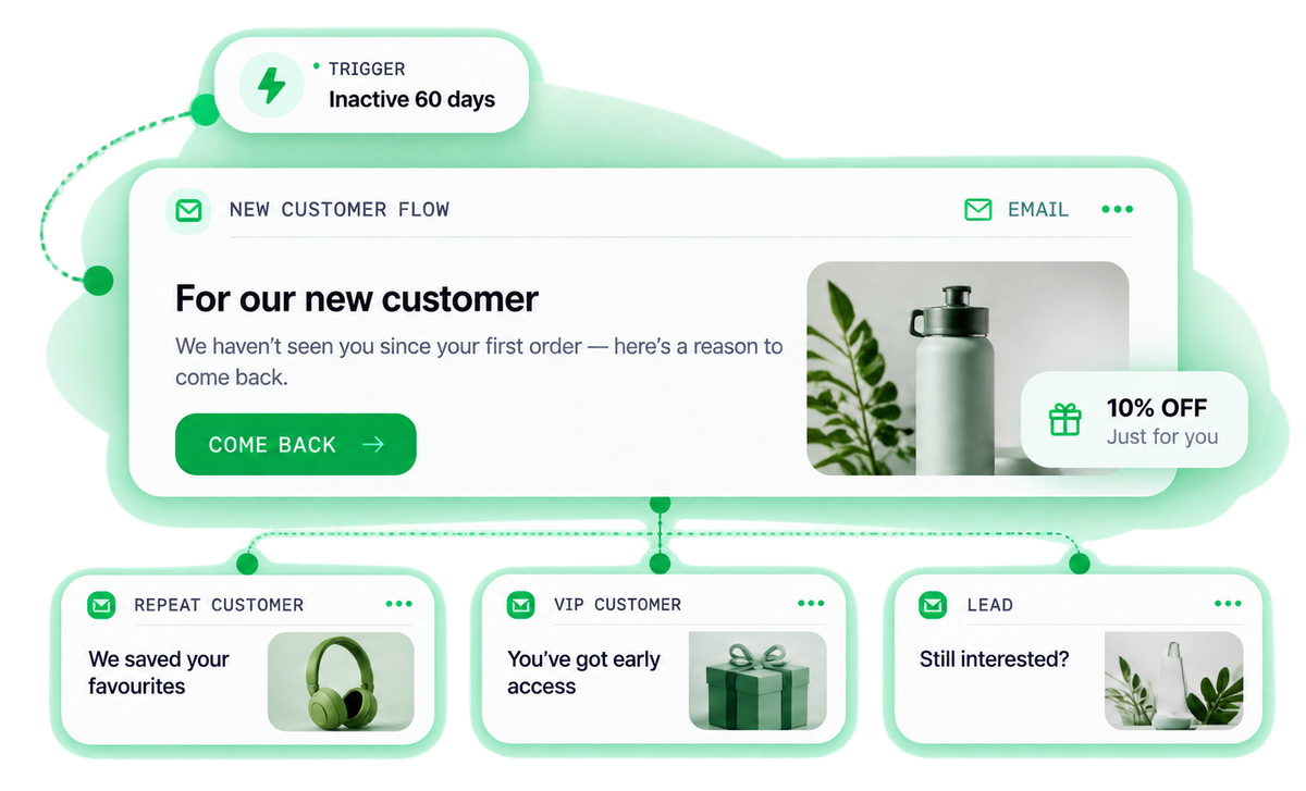 One trigger — inactive 60 days — branching into a tailored message per segment: a welcome-back offer for new customers, saved favourites for repeat customers, early access for VIPs, and a nudge for leads.
