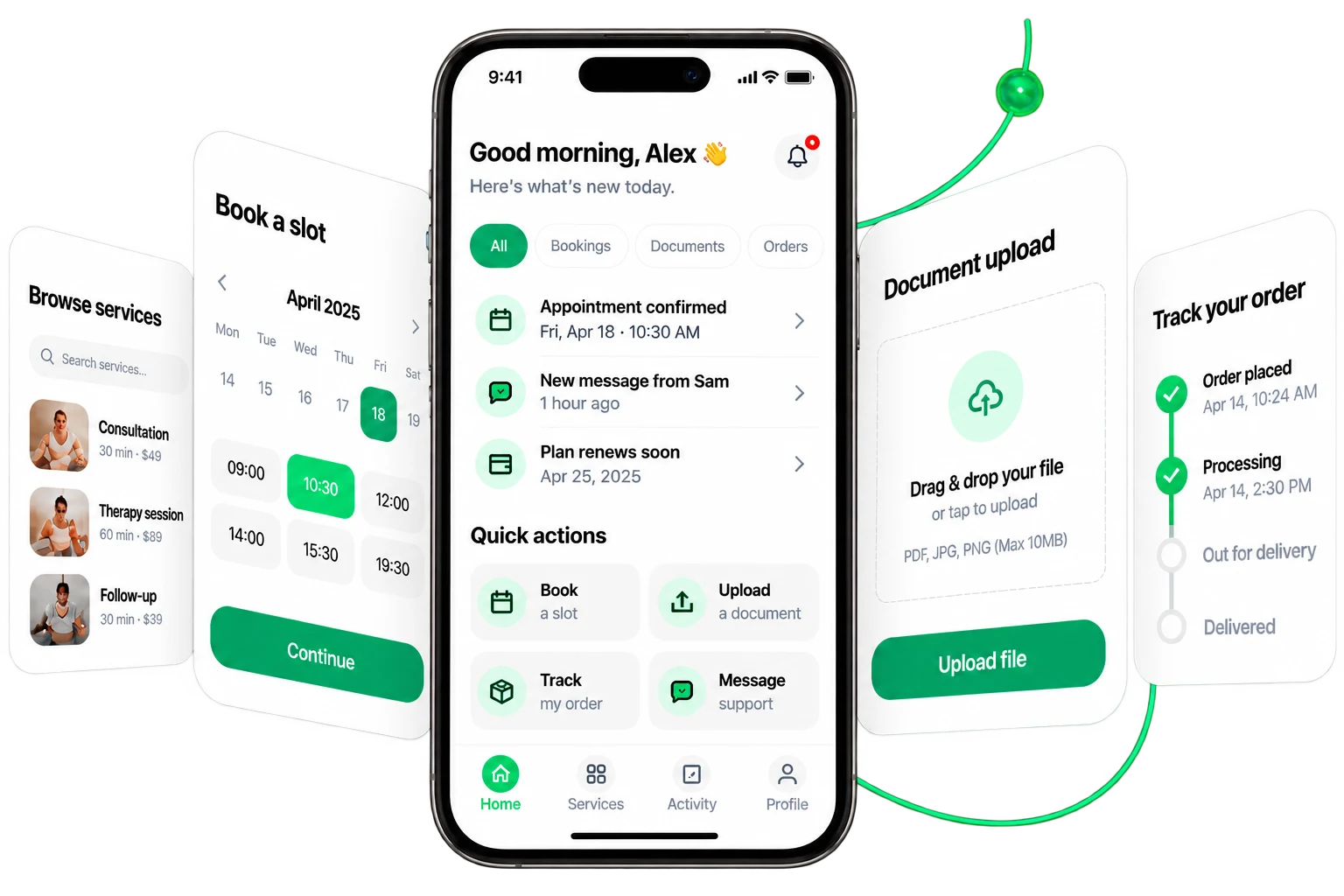 App home with quick actions — book a slot, upload a document, track an order