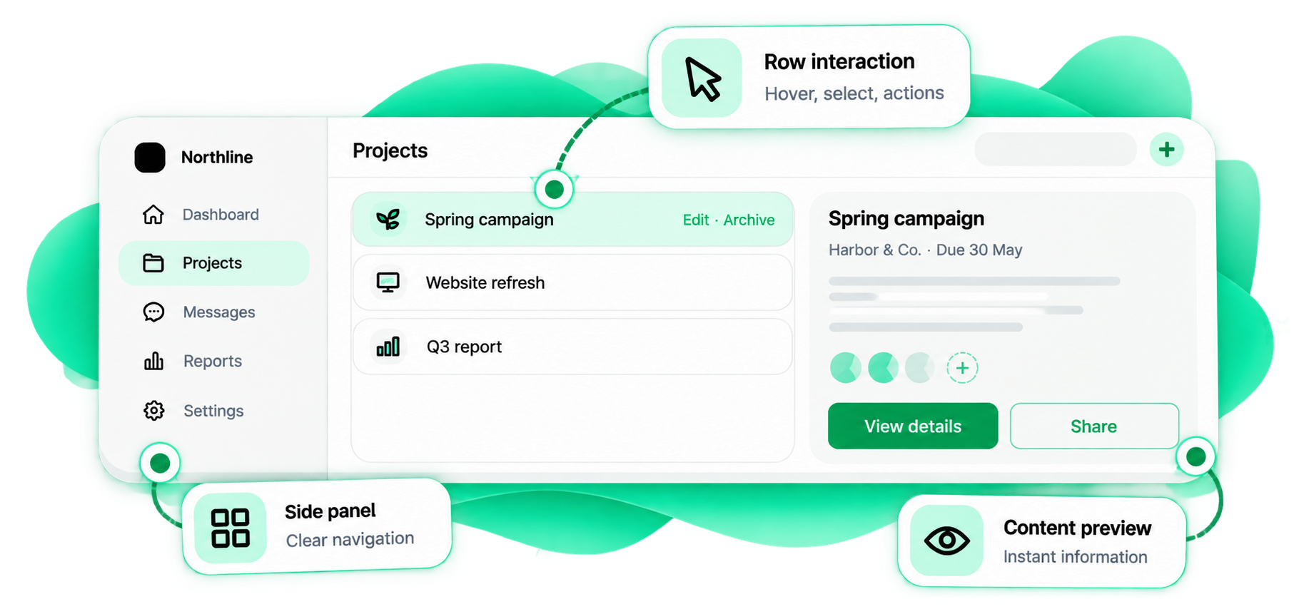 Desktop: row interaction, side panel and content preview