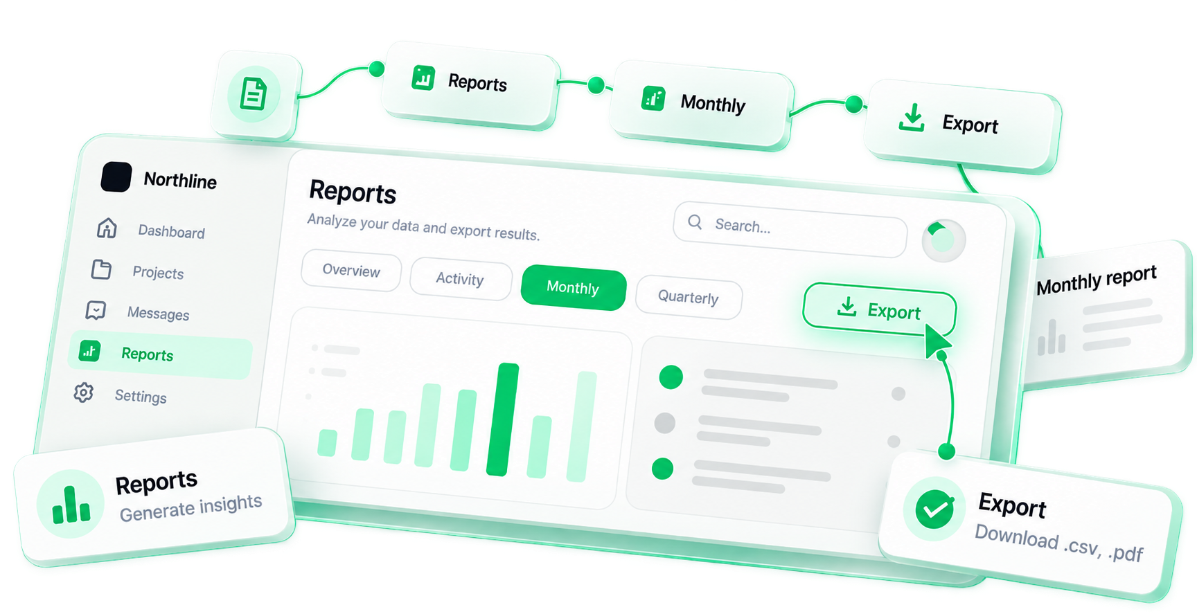Sample product: Reports → Monthly → Export navigation path