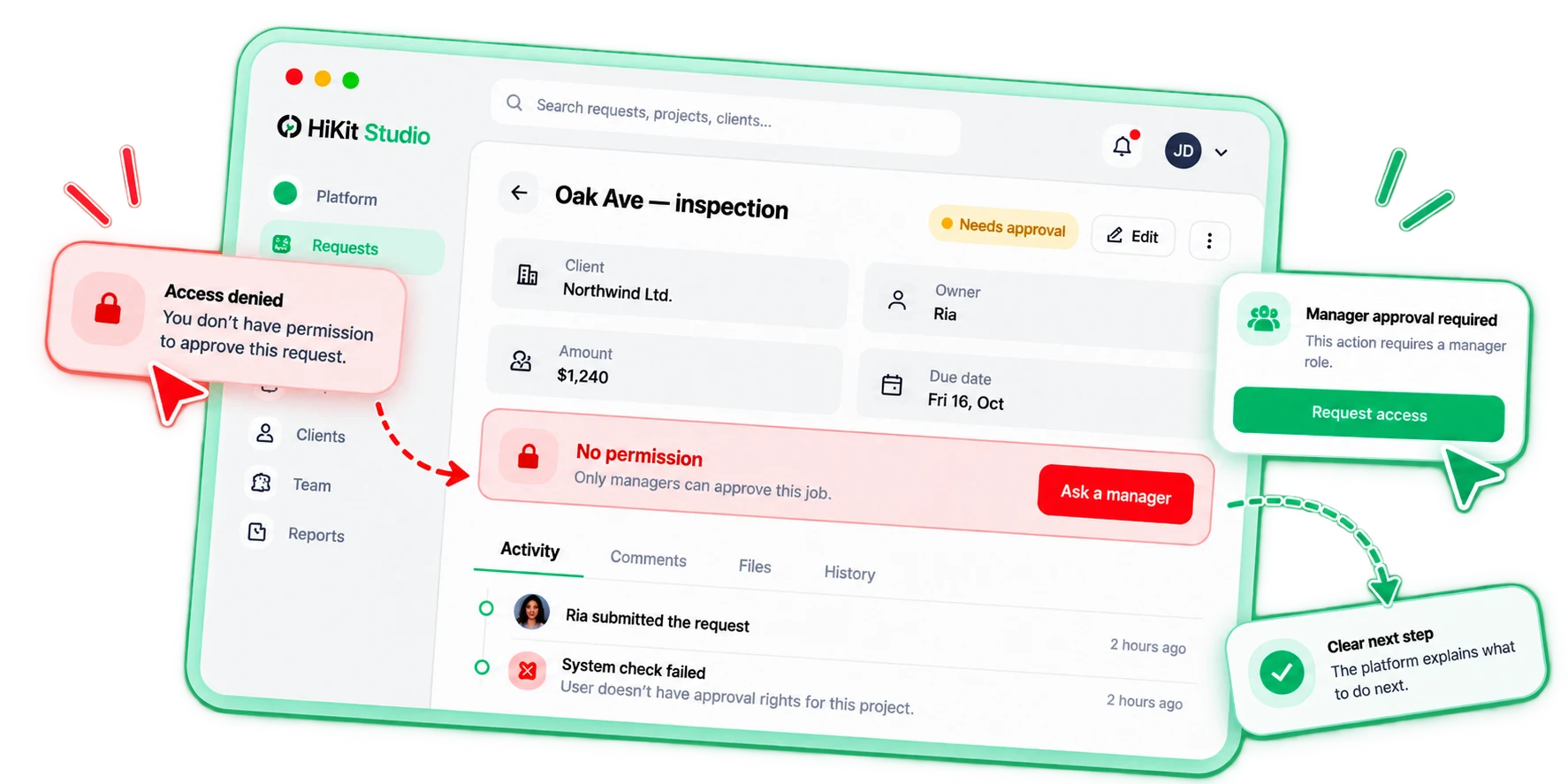 Platform handling a permission error with a clear next step