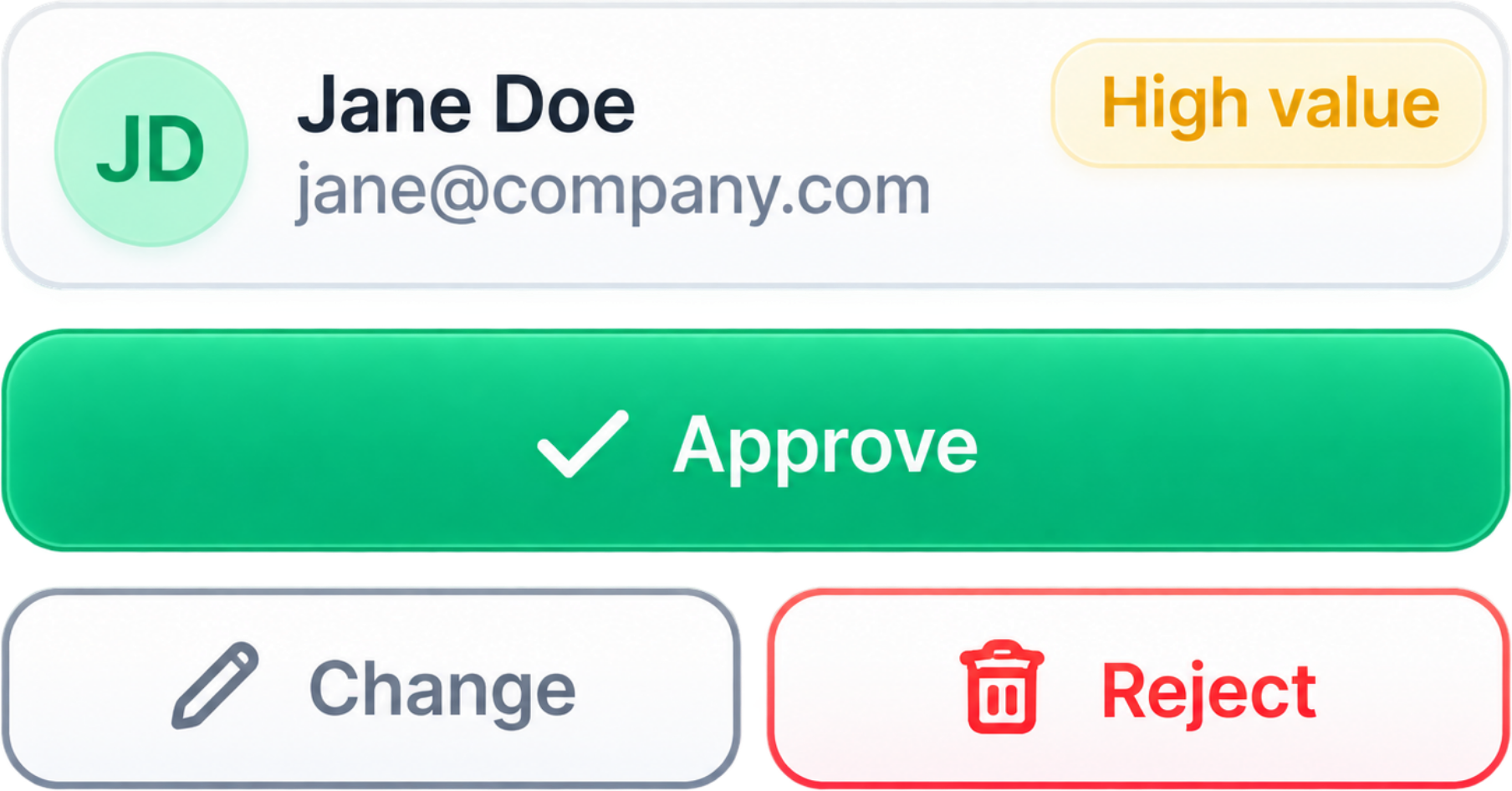 Jane Doe, a high-value lead, awaiting Approve, Change or Reject.